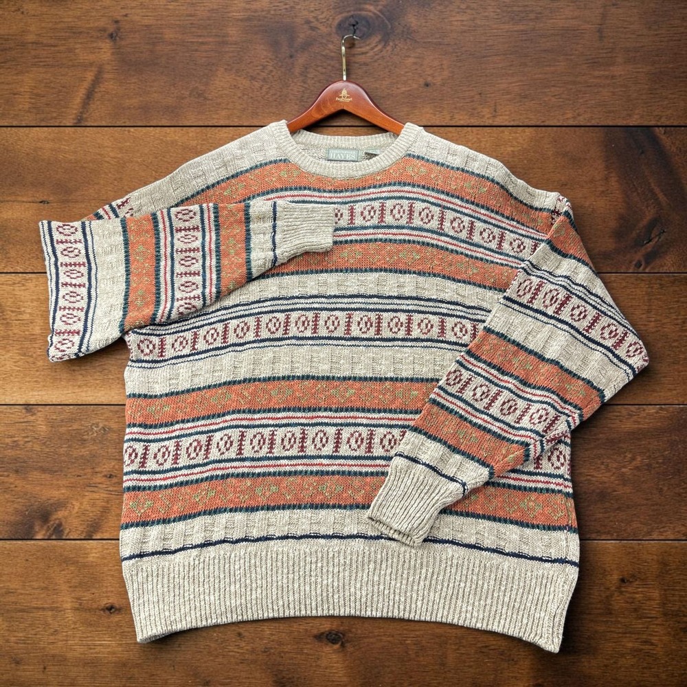 Vintage 90s Christopher Hayes Aztec Textured Knit Linen Crewneck Sweater Mens XL